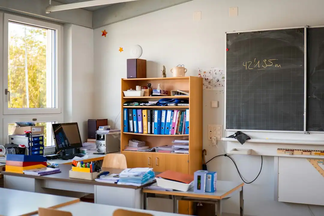 Organized elementary classroom with learning supplies