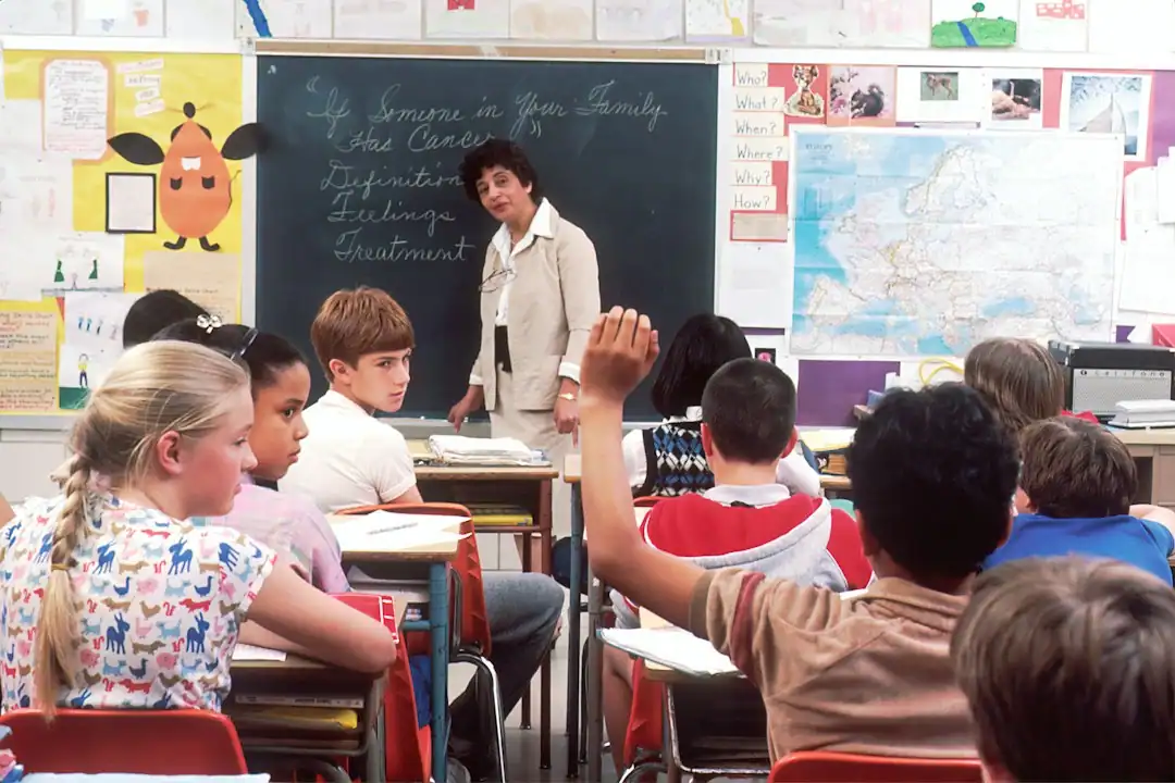 Teacher supporting upper elementary students in a classroom